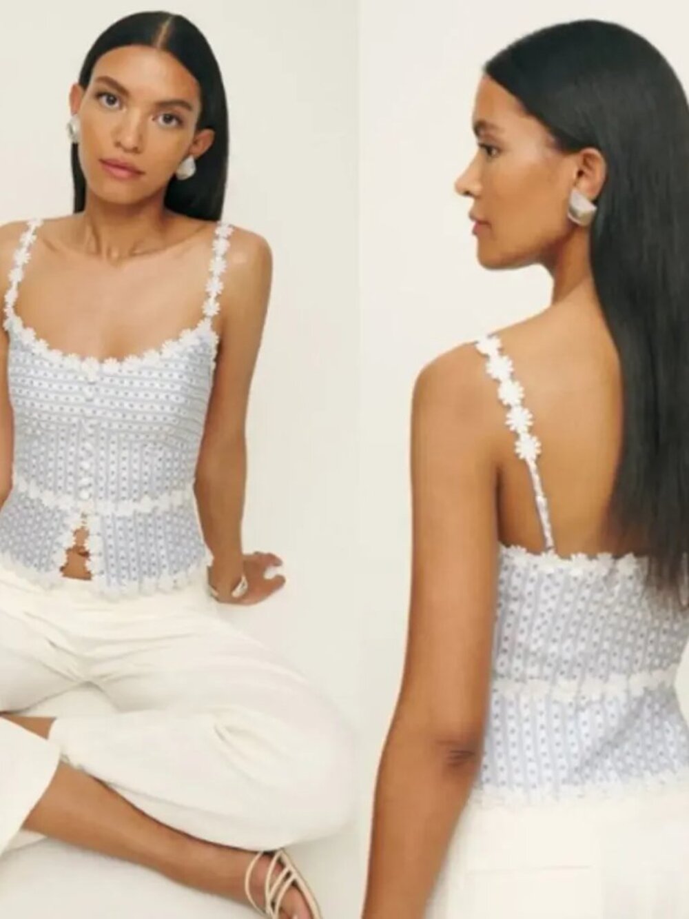 Reformation Minna Button Front Linen Camisole Flora Lace Cindy Blue Size 10